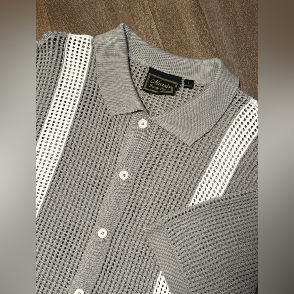 Massive Luxury Edition Men’s Crochet Knit Button Down Collard Top Size Large NWT